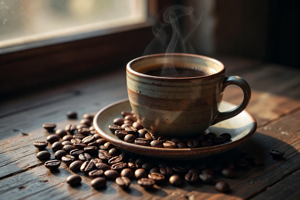 A cup of coffee on a saucer, with roasted coffee beans scattered nearby.