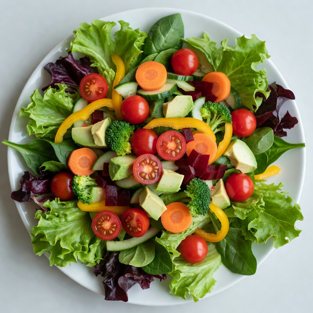 Overhead view of a colourful vegetable salad with leafy greens and a variety of fresh toppings.